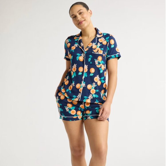Joyspun Women's Soft Notch Collar Navy Water Orange Top & Shorts 2-Piece Set L ! - Picture 1 of 14